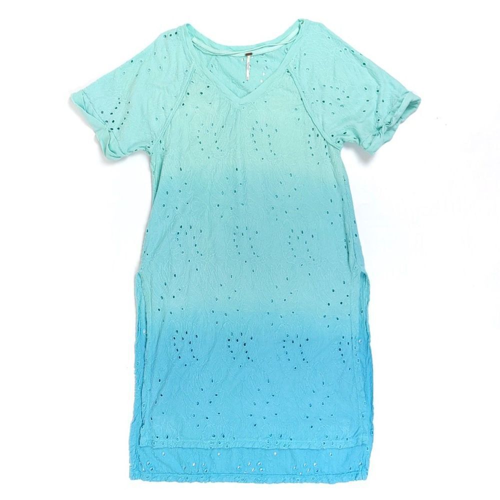 FREE PEOPLE Linen Big Wave Eyelet Embroidered Caftan Midi Dress in Blue Ombre XS